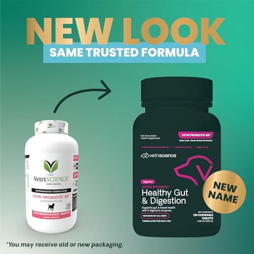 VetriScience Extra Strength Healthy Gut & Digestion Chewable Tablets, Probiotic BD Digestive Enzyme Supplement for Dogs, Probiotics and Enzymes Soothe Gut and Bowel Discomfort, Chicken, 120 Count