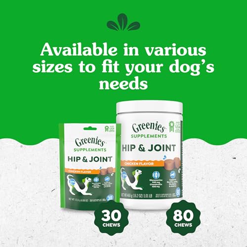 Greenies Supplements Hip and Joint Supplements for Dogs, Chicken Flavor, 6.08 oz. 30-Count