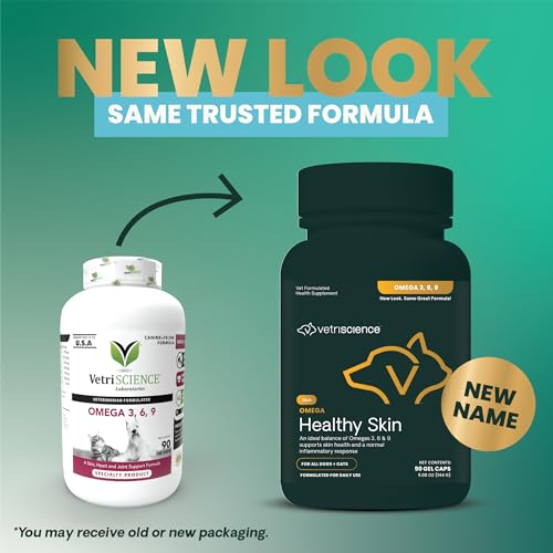VetriScience Healthy Skin Omega 3, 6, 9 Fish Oil Supplement for Dogs and Cats, 90 Gel Capsules - Supports Healthy Skin & Coat, Immune Health, and Joint Mobility