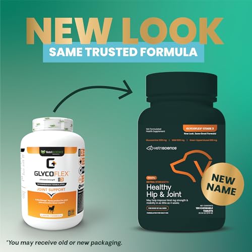 VetriScience Glycoflex 3 Clinically Proven Hip and Joint Supplement for Dogs - Maximum Strength Dog Supplement with Glucosamine, MSM, Green Lipped Mussel & DMG - 120 Chewable Tablets, Chicken Flavor