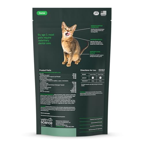 VetriScience Perio Plus Cat Teeth Cleaning Bites - Advanced Cat Breath Freshener - Dual Action Cat Dental Care Formula for Plaque Control & Fresh Breath, 60 Chews, Chicken Flavor