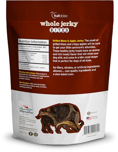 Fruitables Whole Jerky Bites for Dogs – Grilled Bison Grain-Free Dog Treats – Natural High Protein Chews with Real Meat – Limited Ingredient Recipe for Training or Reward – 5 oz Bag