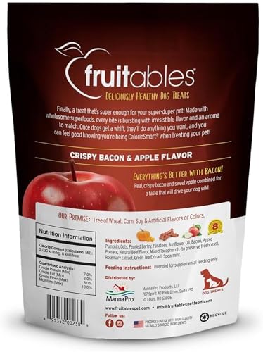 Fruitables Baked Dog Treats, Healthy Pumpkin Treat for Dogs, Low Calorie & Delicious, Free of Wheat, Corn and Soy, Made in the USA, Apple and Crispy Bacon Flavor, 7oz