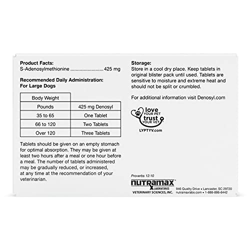 Nutramax Laboratories Denosyl Liver and Brain Health Supplement for Large Dogs, With S-Adenosylmethionine (SAMe), 30 Tablets