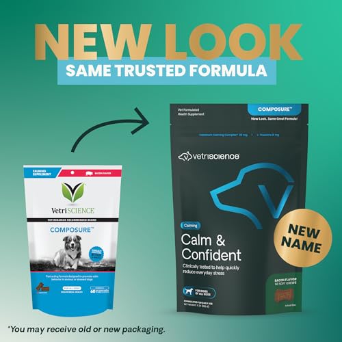 VetriScience Calm & Confident Chews, Composure Clinically Tested Calming and Anxiety Supplement for Dogs, Reduce Stress and Fear, Ideal for Thunderstorms, Fireworks and Travel, Bacon, 120 Count