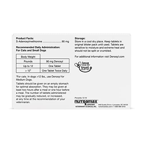 Nutramax Denosyl Liver and Brain Health Supplement for Small Dogs and Cats, With S-Adenosylmethionine (SAMe), 30 Tablets