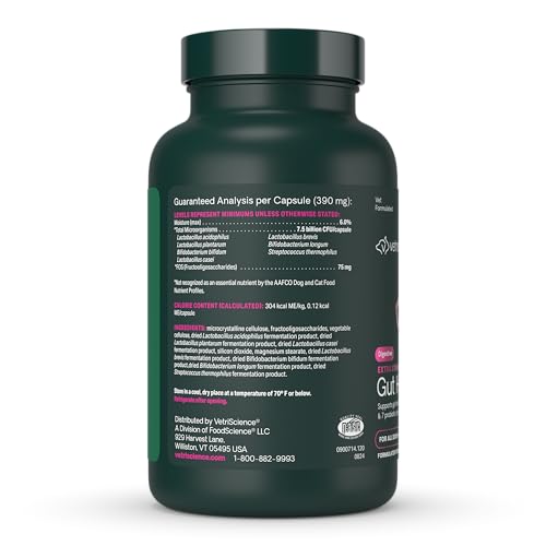 VetriScience Extra Strength Gut Health Easy-Open Capsules, Mega Probiotic and Prebiotic Digestive Supplement for Dogs and Cats, for Diarrhea and Immune Support, 7.5 Billion CFU Per Capsule, 120 Count