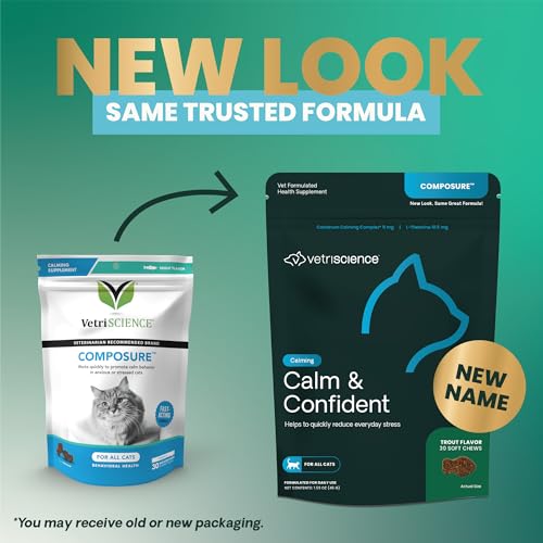 VetriScience Calm & Confident Chews, Composure Calming and Anxiety Supplement for Cats, Reduce Stress and Fear, Ideal for Travel, Vet, Grooming and Routine Changes, Trout, 30 Count