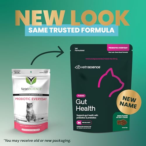 VetriScience Gut Health Probiotic & Prebiotic Digestive Supplements for Cats, Gas & Diarrhea & Immune Support, Soft Chews, Duck, 60 Count - New Look