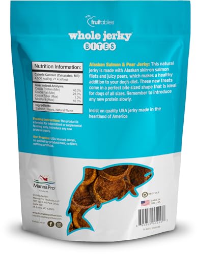 Fruitables Healthy Dog Treats – Whole Jerky Bites for Dogs – Alaskan Salmon & Pear Flavored – 5 Ounces