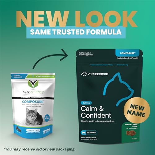 VetriScience Calm & Confident Chews, Composure Calming and Anxiety Supplement for Cats, Reduce Stress and Fear, Ideal for Travel, Vet, Grooming and Routine Changes, Chicken and Trout, 30 Count
