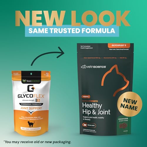 VetriScience Extra Strength Healthy Hip & Joint Chews, GlycoFlex Glucosamine and Green-Lipped Mussel Joint Support Supplement for Cats, Promote Mobility and Soothe Joint Discomfort, Chicken, 60 Count