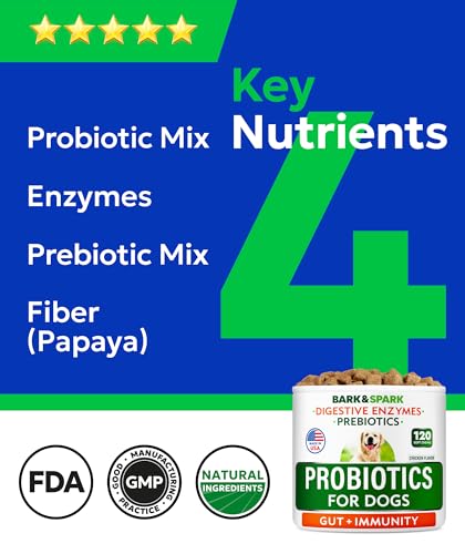 BARK&SPARK Dog Probiotics for Digestive Health w/Enzymes - Diarrhea Gas Treatment Upset Stomach Relief - Allergy & Itchy Skin - Pet Probiotics for Dogs - Digestion Supplement Treat (120Ct Chicken)