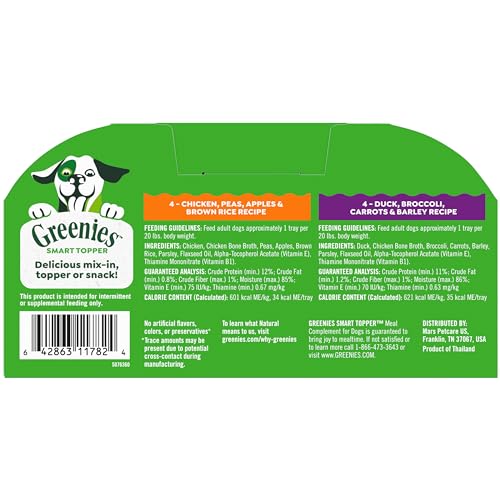 Greenies Smart Topper High Protein Wet Mix-in for Dogs, Chicken, Peas, Apples, and Brown Rice Recipe & Duck, Broccoli, Carrots and Barley Recipe Variety Pack with Whole Grains, 8 Trays of 2oz.