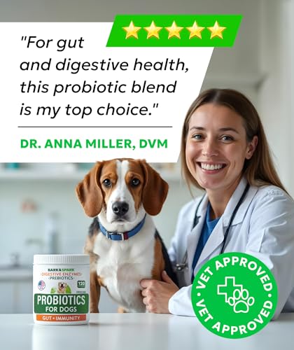 BARK&SPARK Dog Probiotics for Digestive Health w/Enzymes - Diarrhea Gas Treatment Upset Stomach Relief - Allergy & Itchy Skin - Pet Probiotics for Dogs - Digestion Supplement Treat (120Ct Chicken)