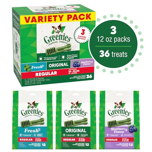 Greenies Regular Dental Dog Treats, 3-Flavor Variety Pack, (3) 12 oz. Pouches, 36 Total Treats