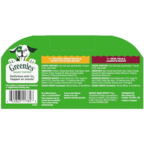 Greenies Smart Topper High Protein Wet Mix-in for Dogs, Chicken, Green Beans, and Sweet Potatoes Recipe & Beef, Peas, and Carrots Recipe Variety Pack, 8 Trays of 2oz.