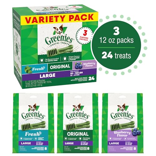 Greenies Large Dental Dog Treats, 3-Flavor Variety Pack, (3) 12 oz. Pouches, (24 Treats)