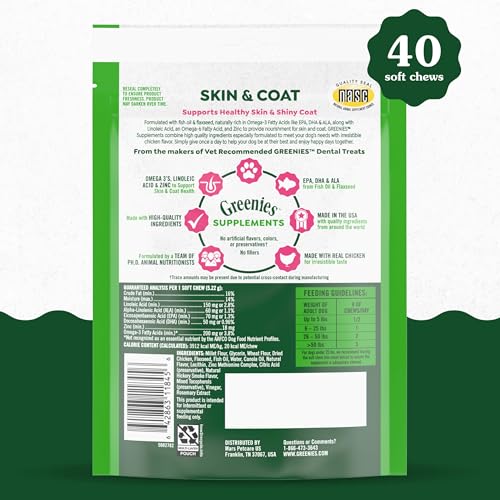 Greenies Supplements Dog Skin and Coat Supplements with Fish Oil & Omega 3 Fatty Acids, Chicken Flavor, 7.37 oz. 40-Count