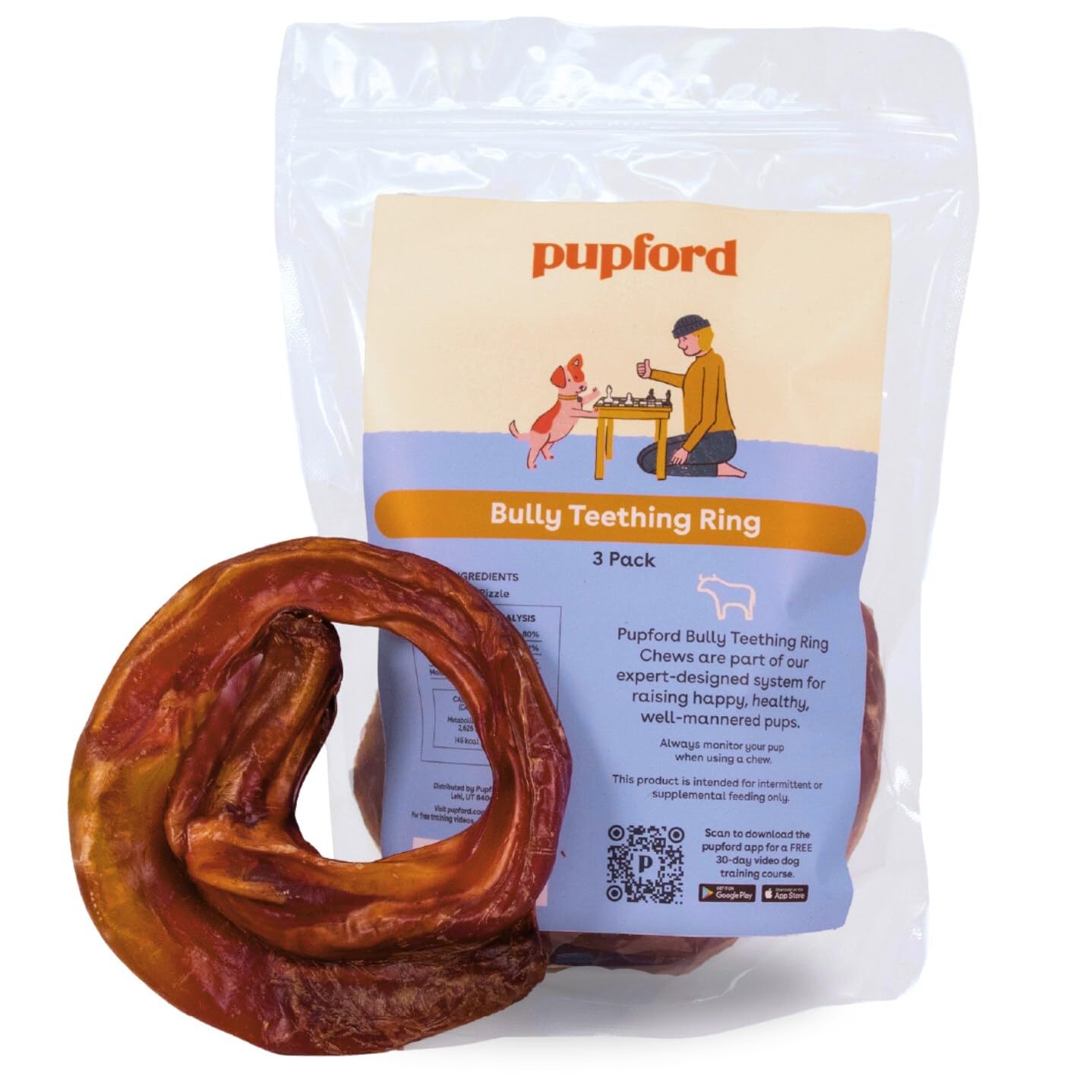 Pupford Bully Stick Rings for Puppies & Dogs, Long-Lasting Beef Dog Chew Treats, 3 Pack