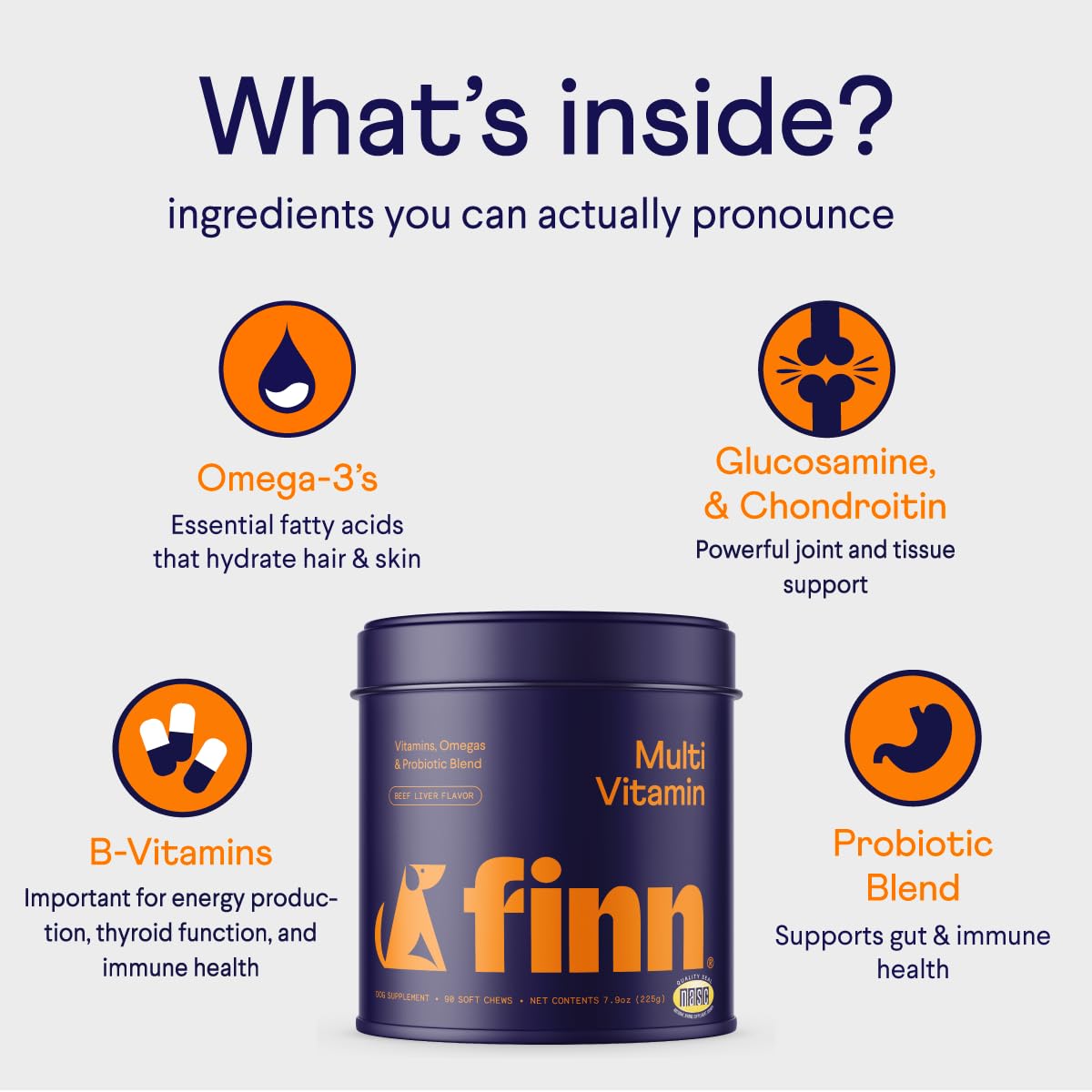 Finn All-in-1 Dog Multivitamin - Everyday Multivitamin Supplement for Dogs with Probiotics, Omega-3s, Glucosamine | Gut & Immune Health, Joint Support, Heart Health | 90 Soft Chews