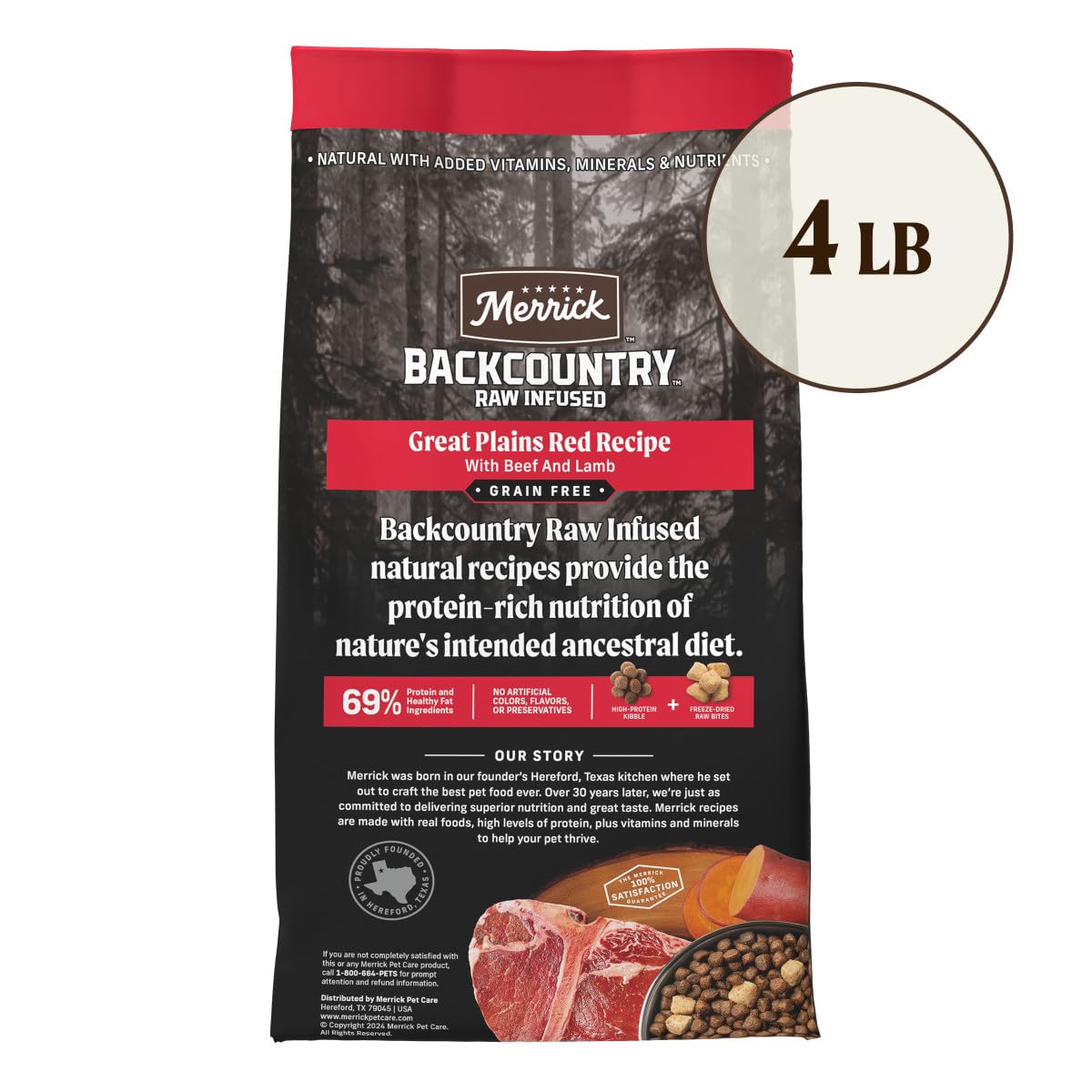 Merrick Backcountry Grain Free Dry Adult Dog Food Kibble With Freeze Dried Raw Pieces, Great Plains Red Recipe - 4.0 lb. Bag