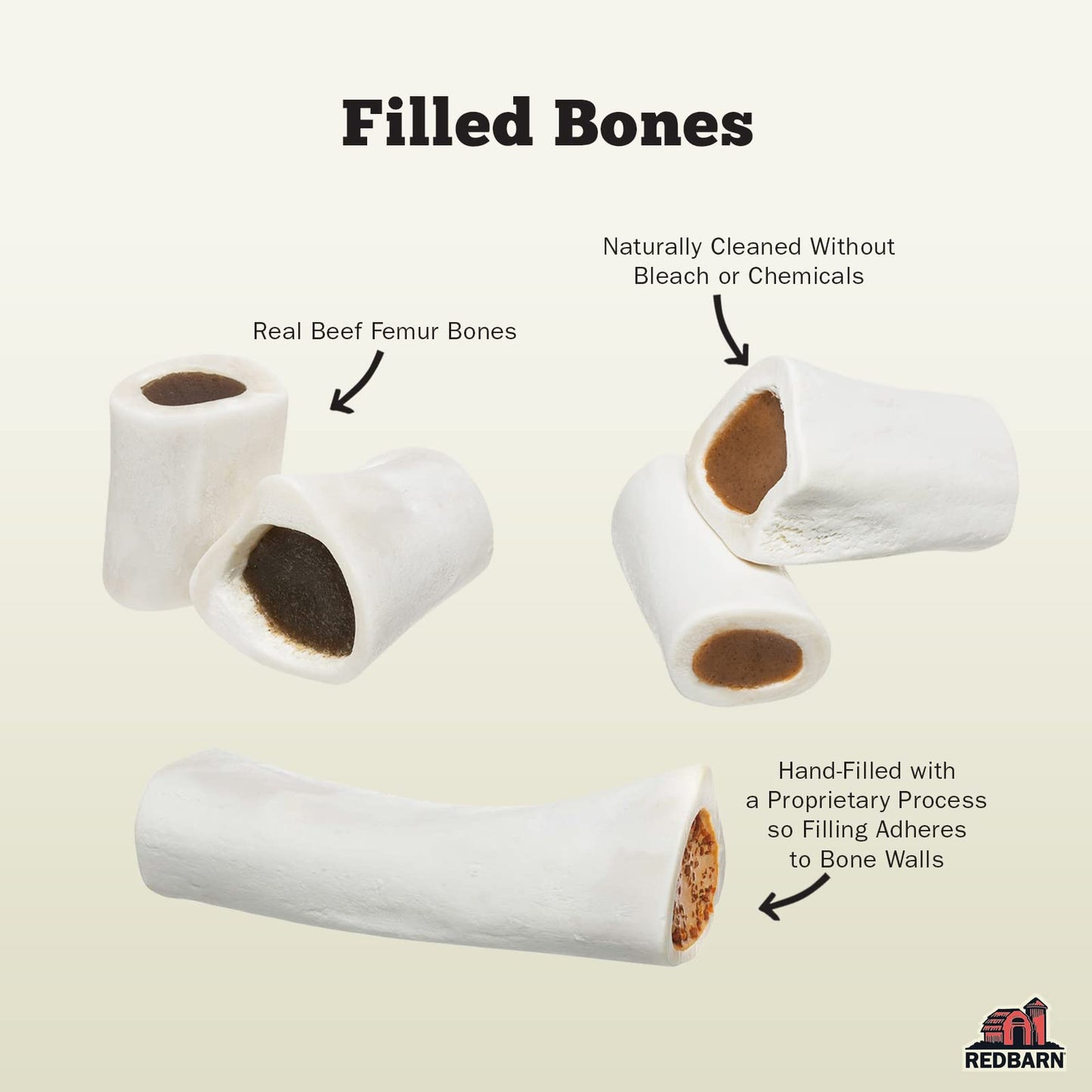 Redbarn Pet Products Large Filled Dog Bones, Cheese & Bacon Flavor - Long Lasting Stuffed Femur Chew Treat Made in USA - 4 Count - Packaging May Vary