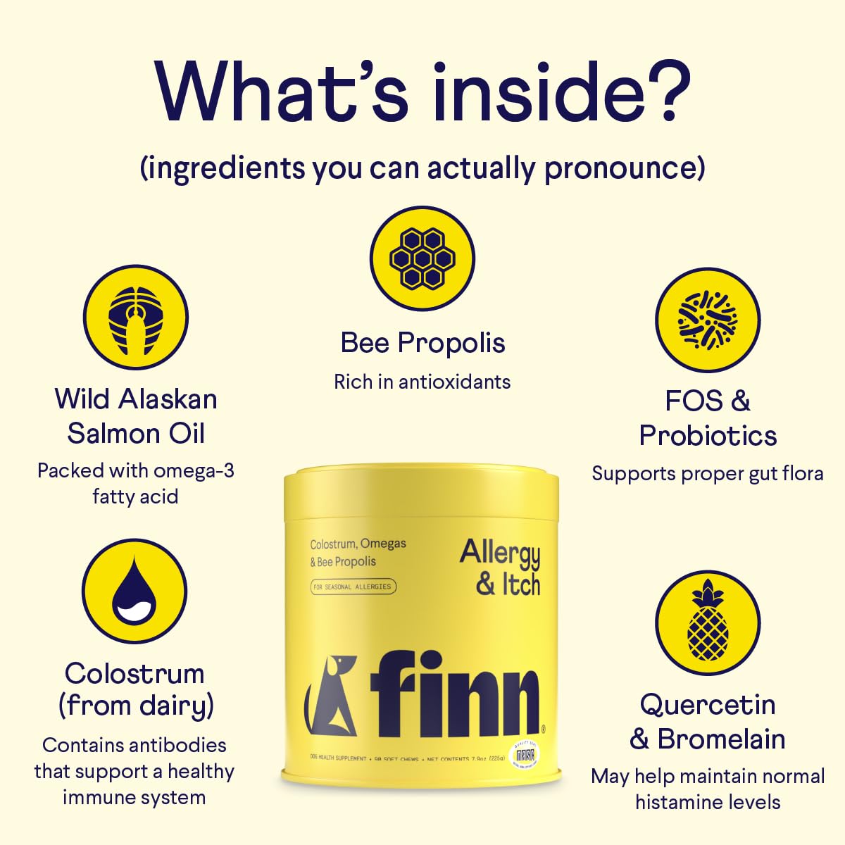 Finn Allergy & Itch for Dogs | Daily Support for Itchy Skin, Immune Health & Seasonal Allergies from Colostrum, Bee Propolis + Probiotics | 90 Soft Chews