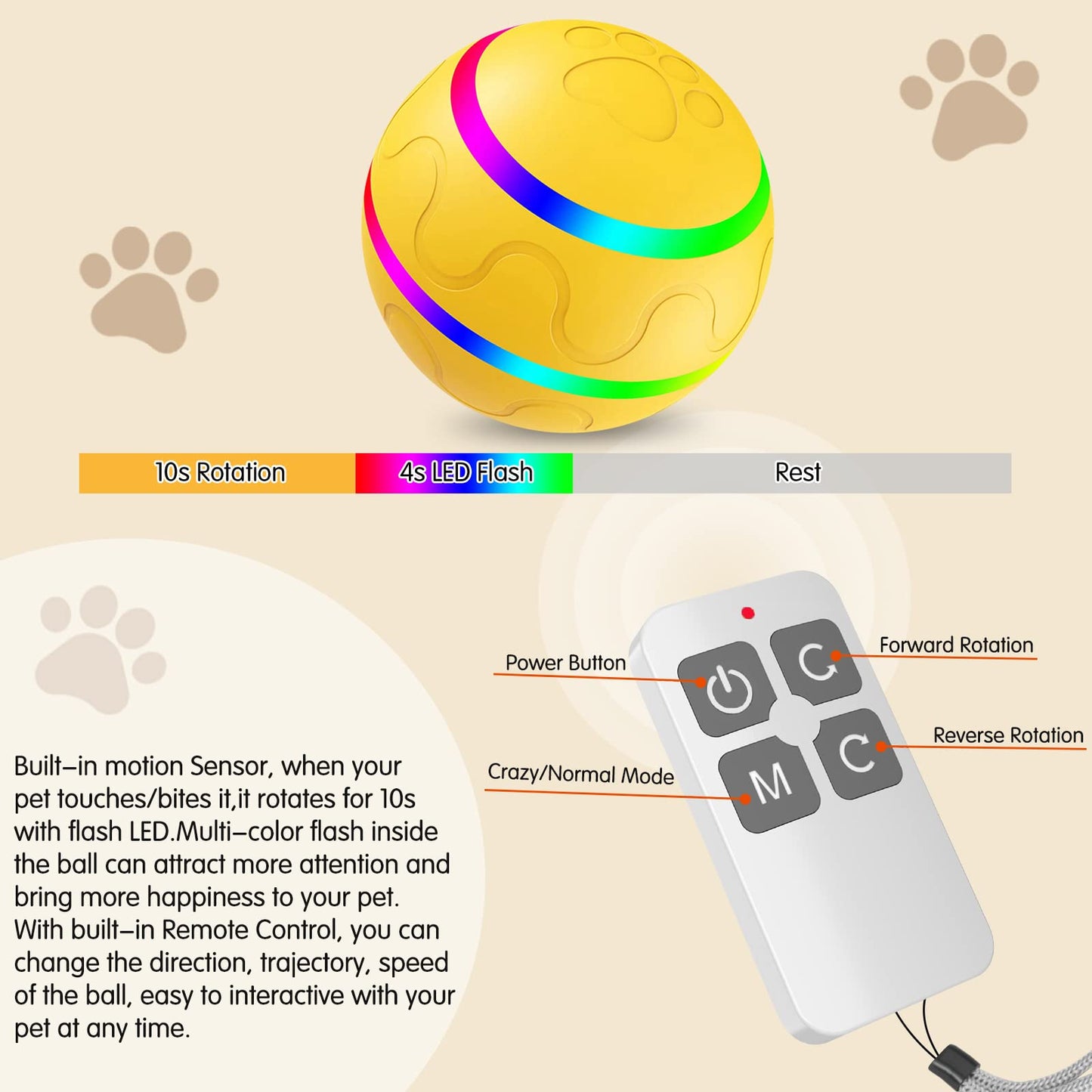 VIWIK Interactive Dog Toys with Remote Control and LED Flash Light,【2023 Newest】 Motion Activated Rolling Ball Toys for Dogs, USB Rechargeable Dog Balls Toy for Puppy, Small, Medium Dogs/Cats