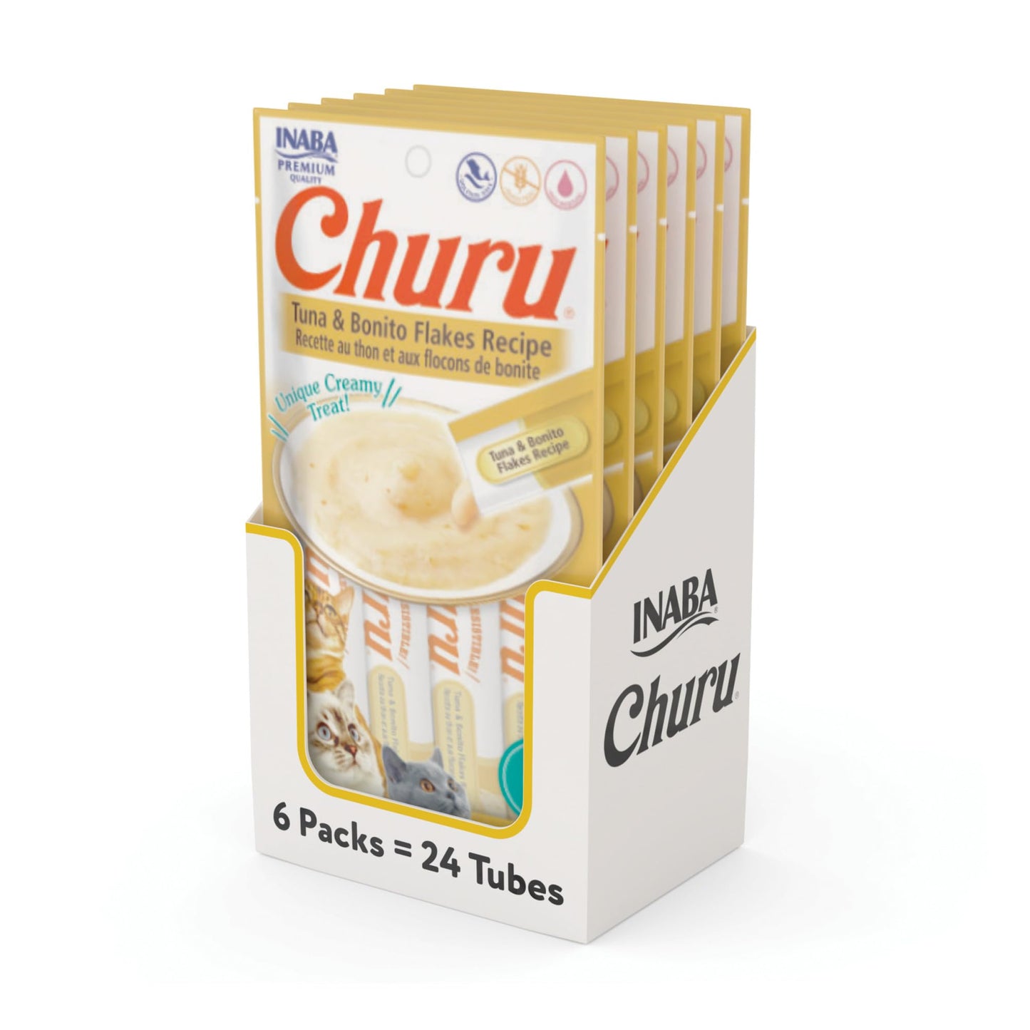INABA Churu Cat Treats, Grain-Free, Lickable, Squeezable Creamy Purée Cat Treat/Topper with Vitamin E & Taurine, 0.5 Ounces Each Tube, 24 Tubes (4 per Pack), Tuna with Bonito Flakes Recipe