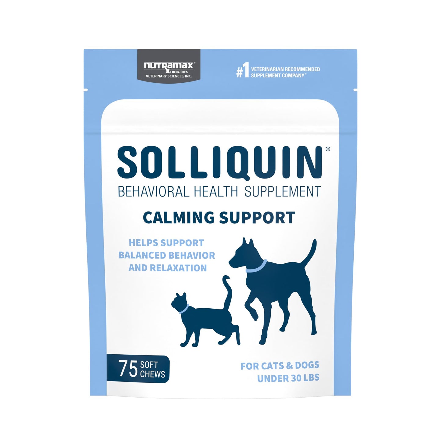 Nutramax Solliquin Calming Behavioral Health Supplement for Small to Medium Dogs and Cats - With L-Theanine, Magnolia / Phellodendron, and Whey Protein Concentrate, 75 Soft Chews