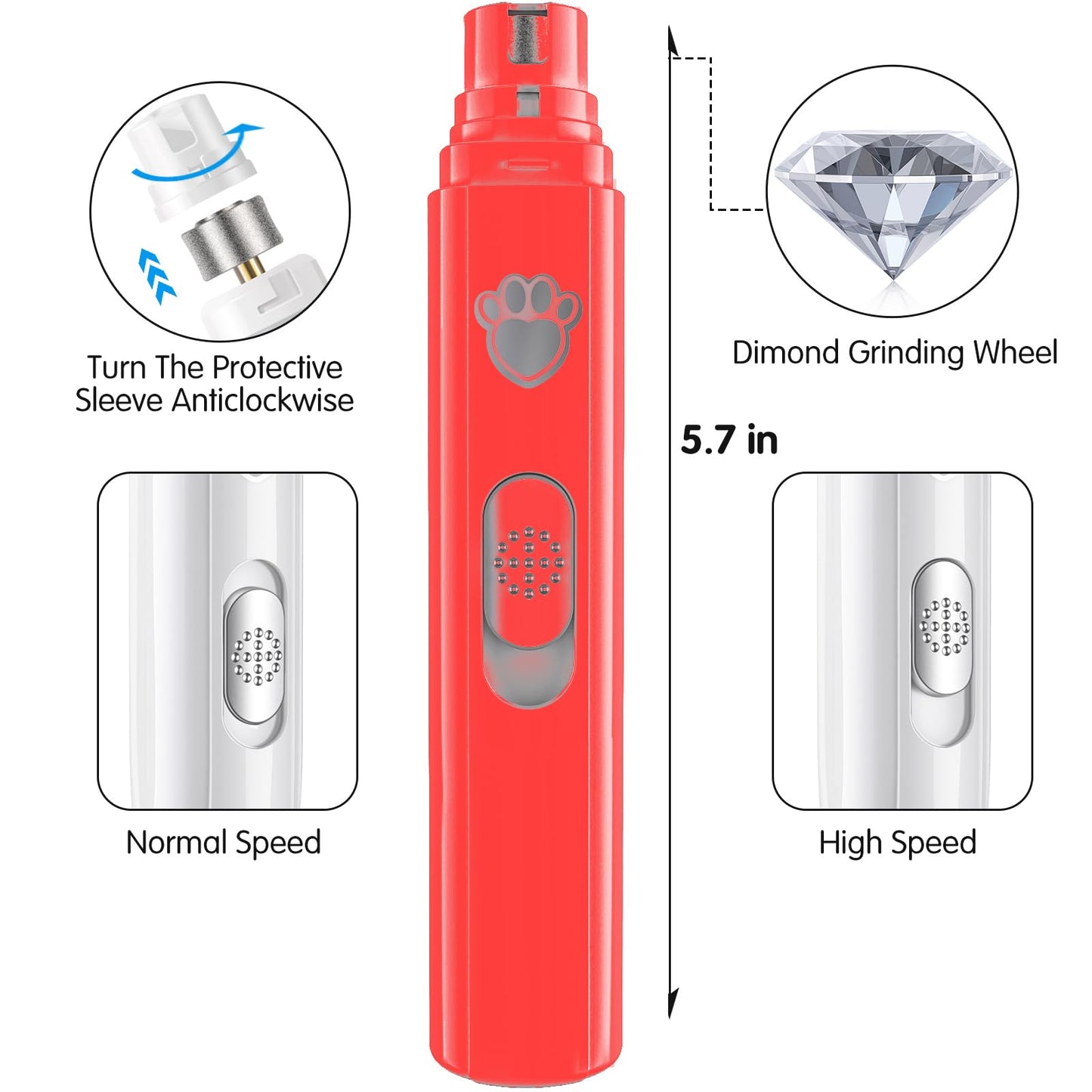 VIWIK Dog Nail Grinder, 2-Speed Rechargeable Dog Nail Trimmers for Large Medium & Small Dogs, Upgrade Professional Electric Pet Paws Nail Grinder, Quiet Grooming Tool Cat Dog Nail Dremel Red