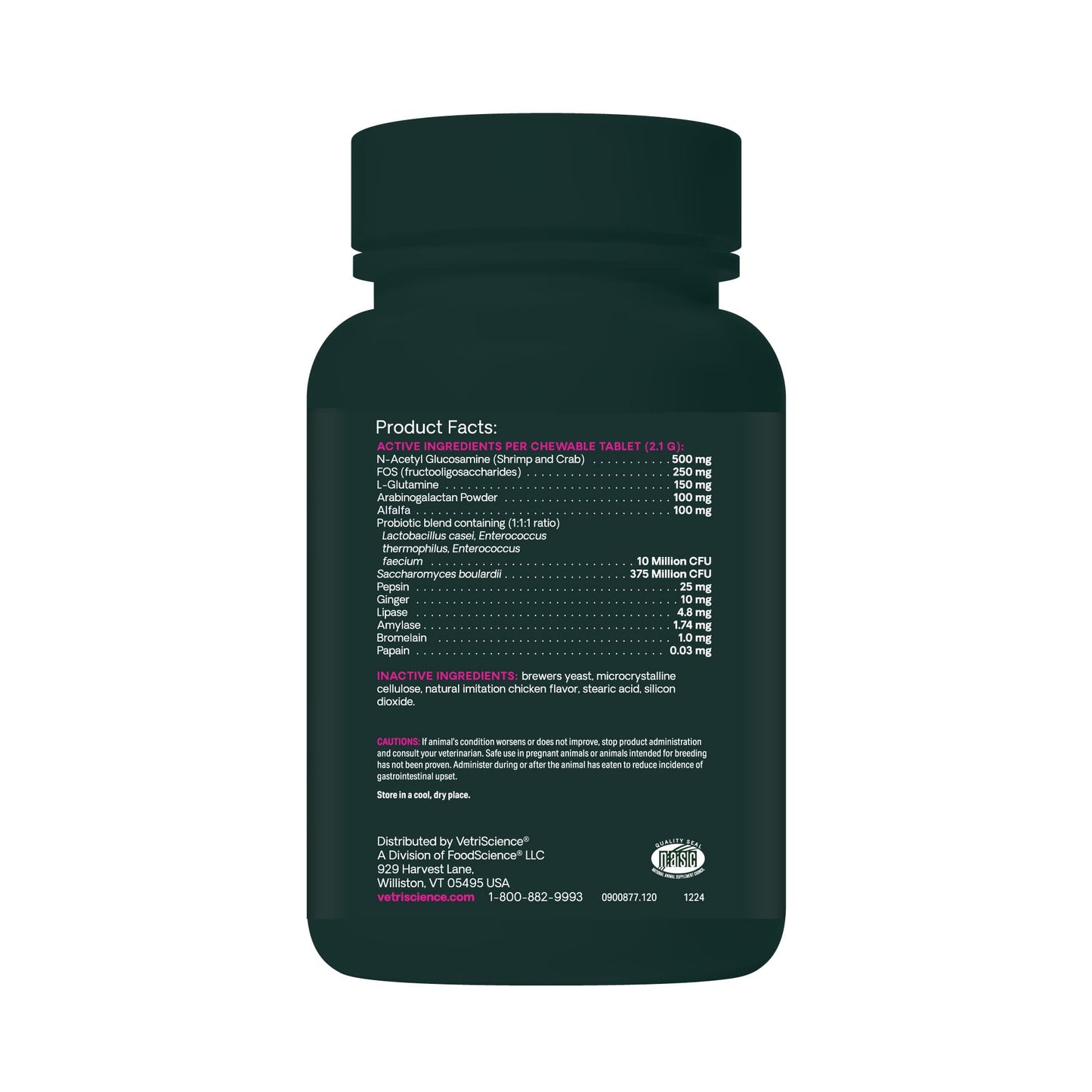 VetriScience Extra Strength Healthy Gut & Digestion Chewable Tablets, Probiotic BD Digestive Enzyme Supplement for Dogs, Probiotics and Enzymes Soothe Gut and Bowel Discomfort, Chicken, 120 Count