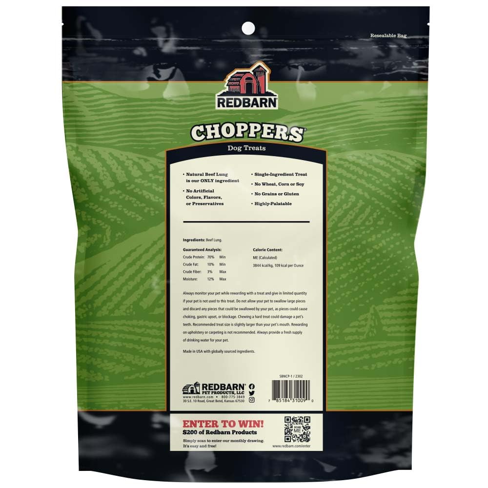 Redbarn Pet Products Natural Choppers Beef Lung Chew Treats for Dogs - Premium Made in USA Rawhide-Free Single Ingredient High Protein Low Fat - 9 oz Bag