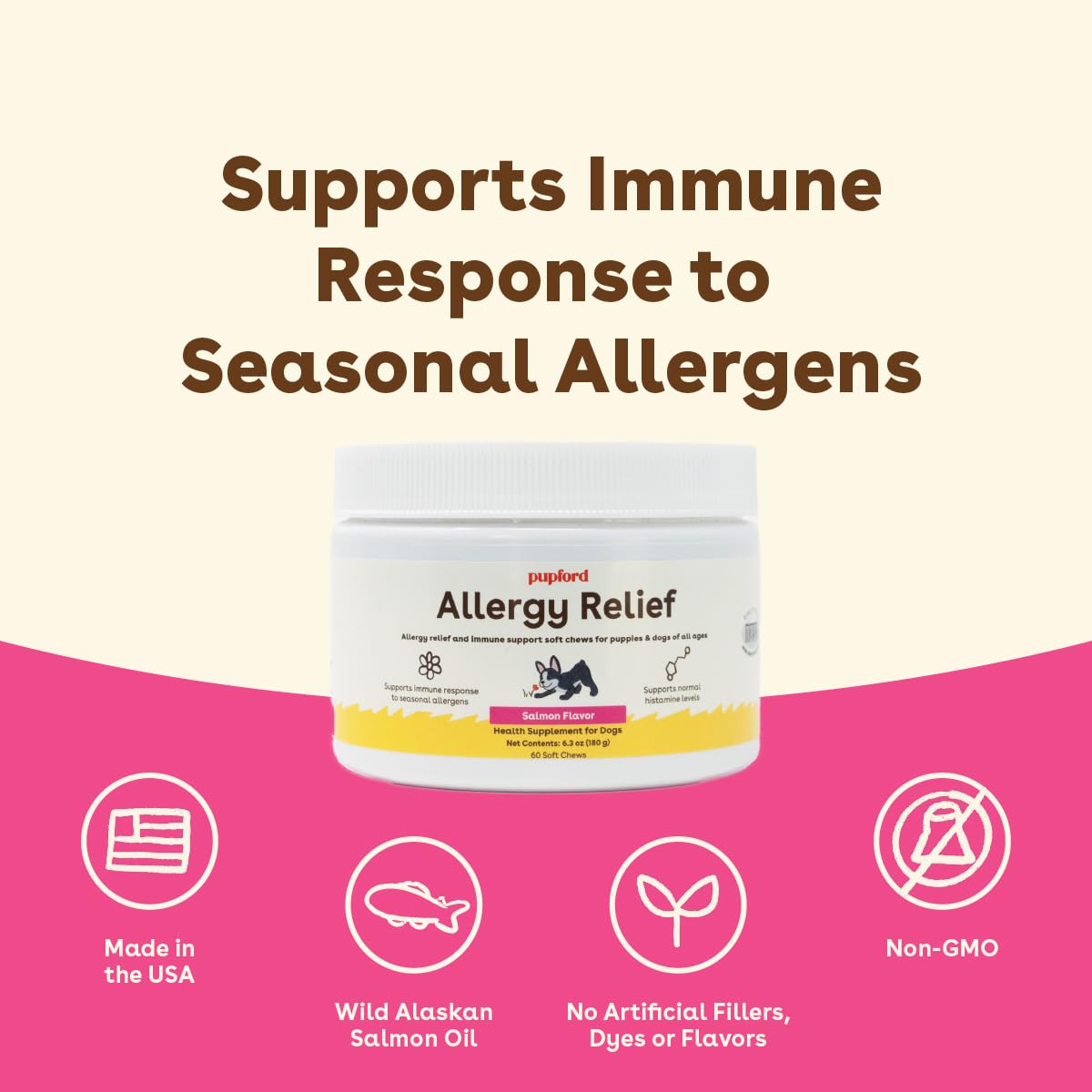 Pupford Dog Allergy Relief Chews, Health Supplement for Seasonal Allergens & Itchy Skin, Salmon Flavor, 60 Soft Chews