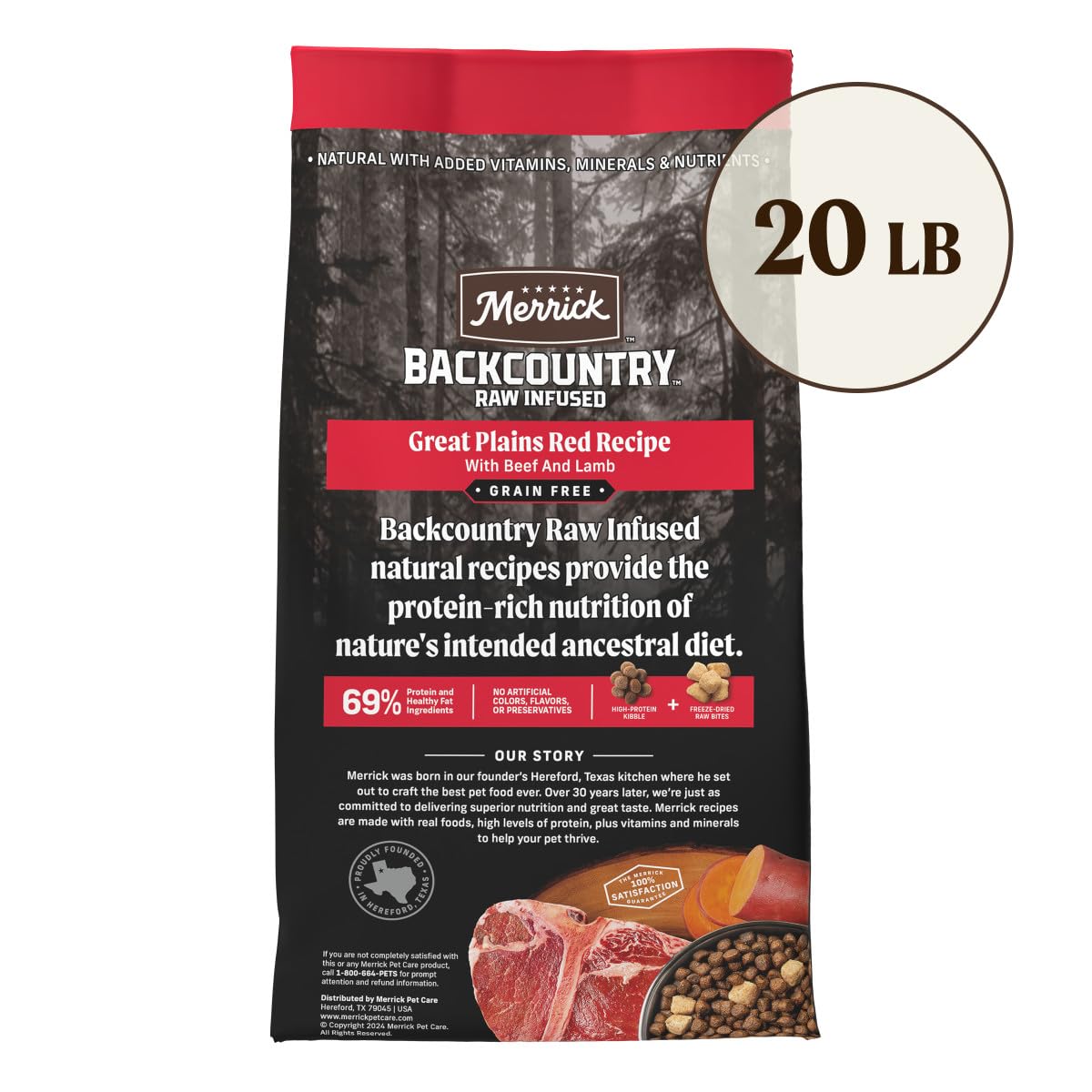 Merrick Backcountry Grain Free Dry Adult Dog Food Kibble With Freeze Dried Raw Pieces, Great Plains Red Recipe - 20.0 lb. Bag
