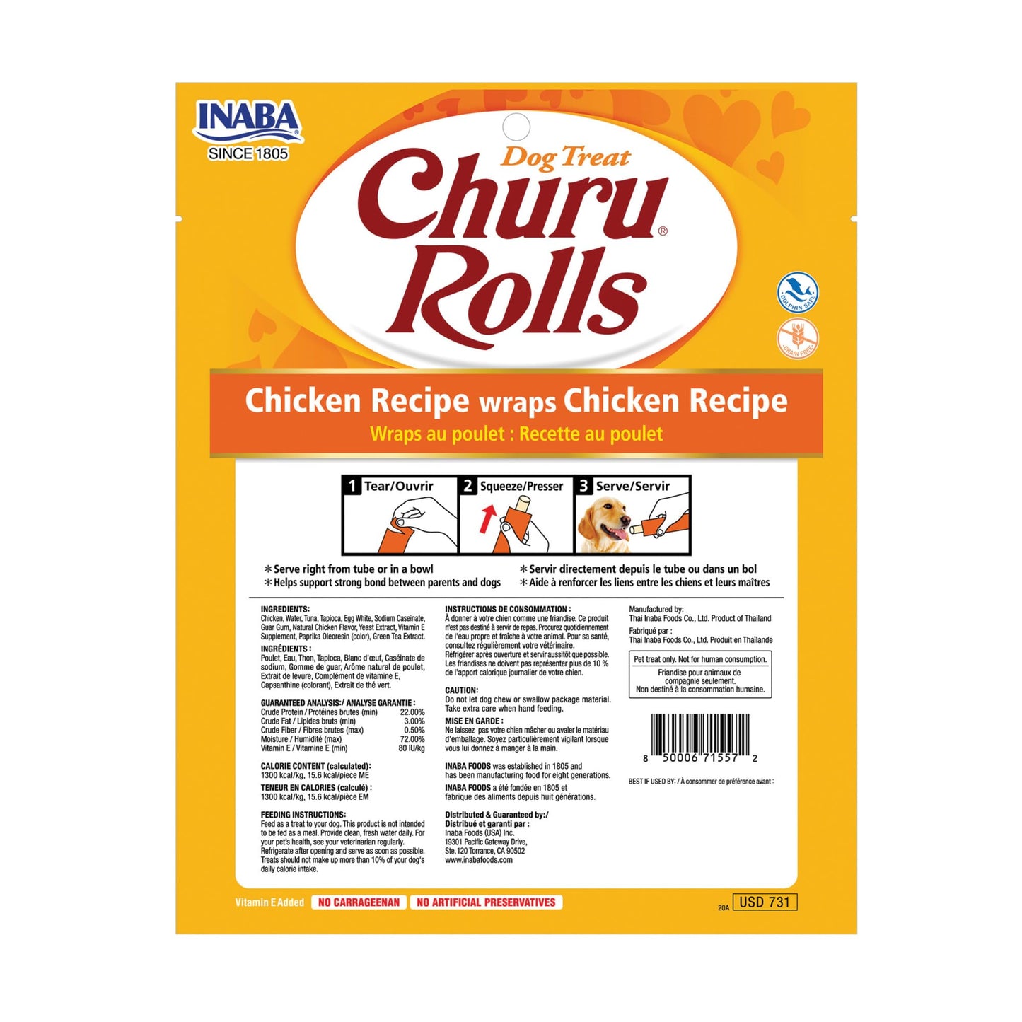 INABA Churu Rolls for Dogs, Grain-Free, Soft/Chewy Baked Chicken Wrapped Churu Filled Dog Treats, 0.42 Ounces Each Stick| 48 Stick Treats Total (8 Sticks per Pack), Chicken Recipe