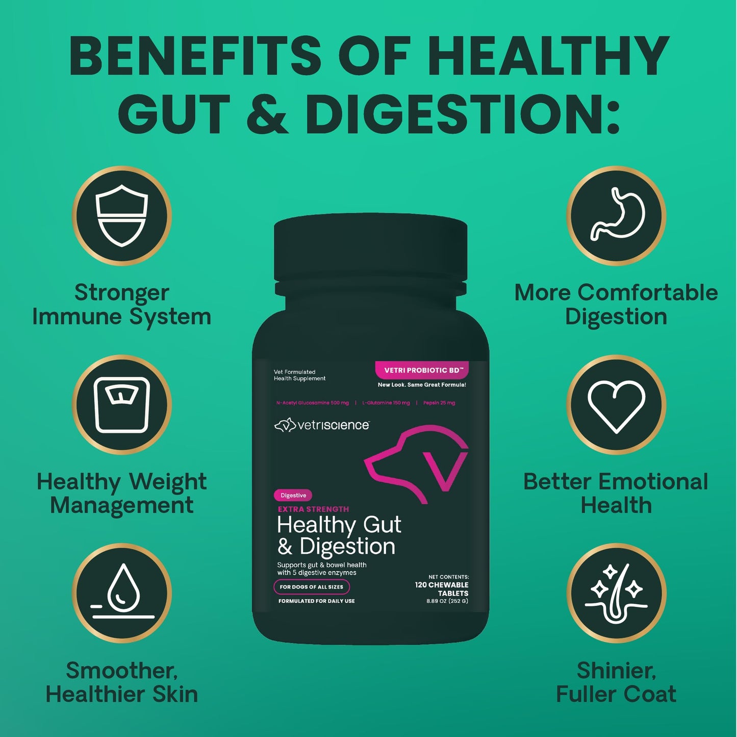 VetriScience Extra Strength Healthy Gut & Digestion Chewable Tablets, Probiotic BD Digestive Enzyme Supplement for Dogs, Probiotics and Enzymes Soothe Gut and Bowel Discomfort, Chicken, 120 Count