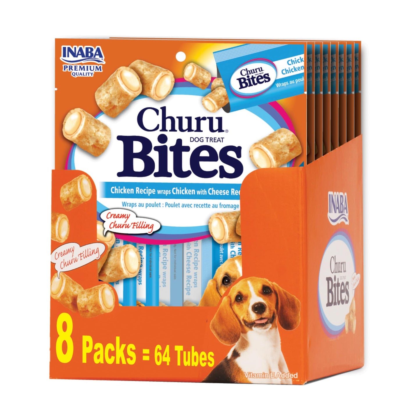 INABA Churu Bites for Dogs, Soft & Chewy Dog Treats, 0.42 Ounces Each Tube, 64 Tubes Total (8 Tubes per Pack), Chicken with Cheese Recipe