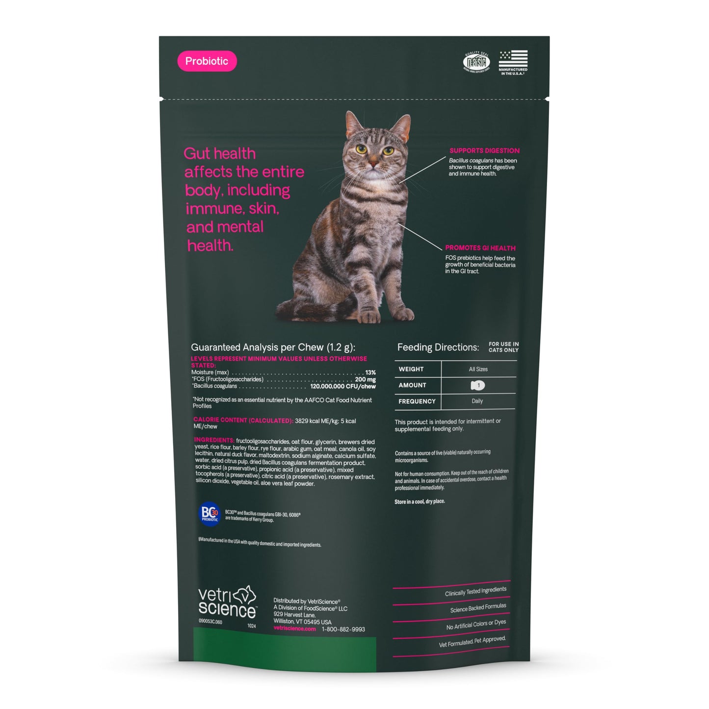 VetriScience Gut Health Probiotic & Prebiotic Digestive Supplements for Cats, Gas & Diarrhea & Immune Support, Soft Chews, Duck, 60 Count - New Look