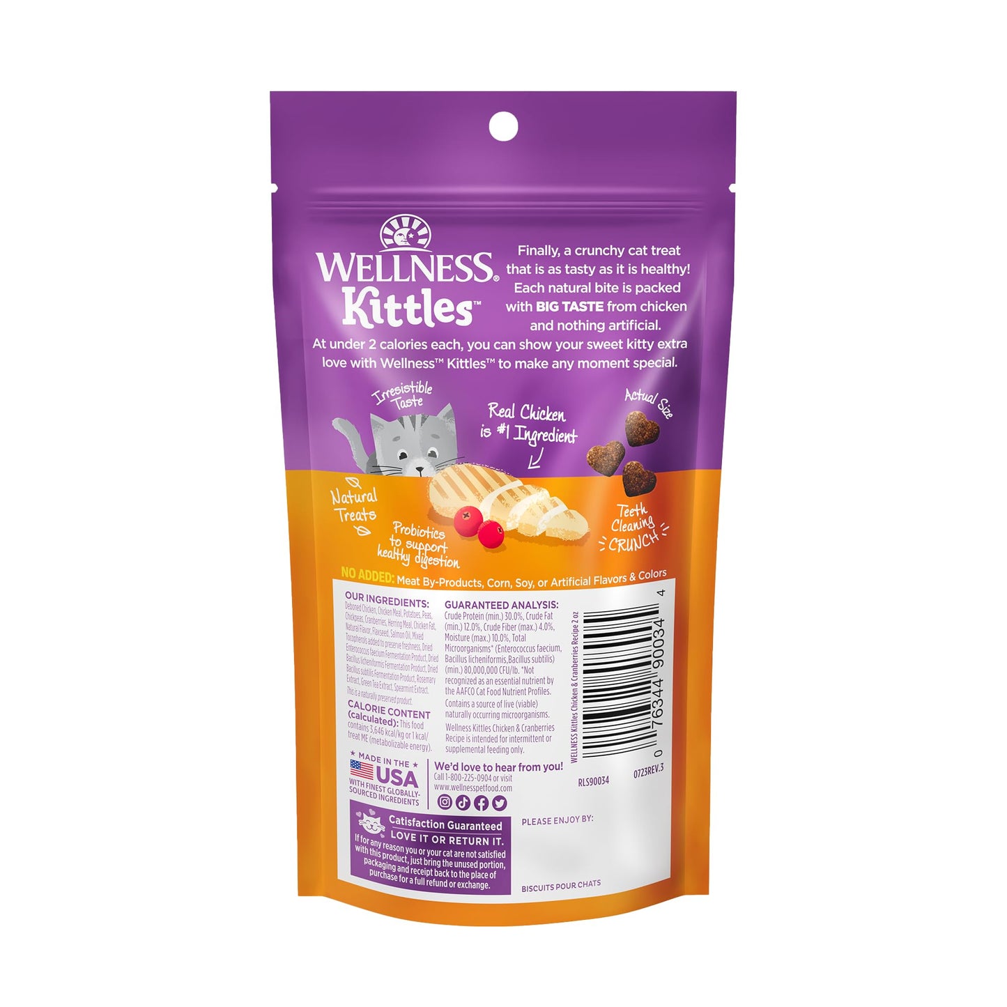 Wellness Kittles Crunchy Natural Grain Free Cat Treats, Chicken & Cranberries Recipe, All Life Stages, 2-Ounce Bag (Pack of 3)