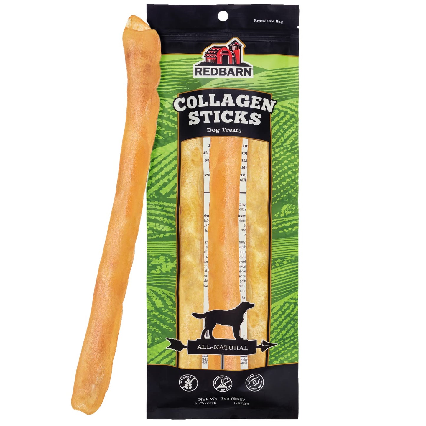 Redbarn Pet Products All-Natural Large 12" Beef Collagen Sticks for Dogs - Long Lasting Low-Odor Alternative to Traditional Rawhide & Bully Sticks - Supports Healthy Joints, Skin, & Coat - 3 Pack