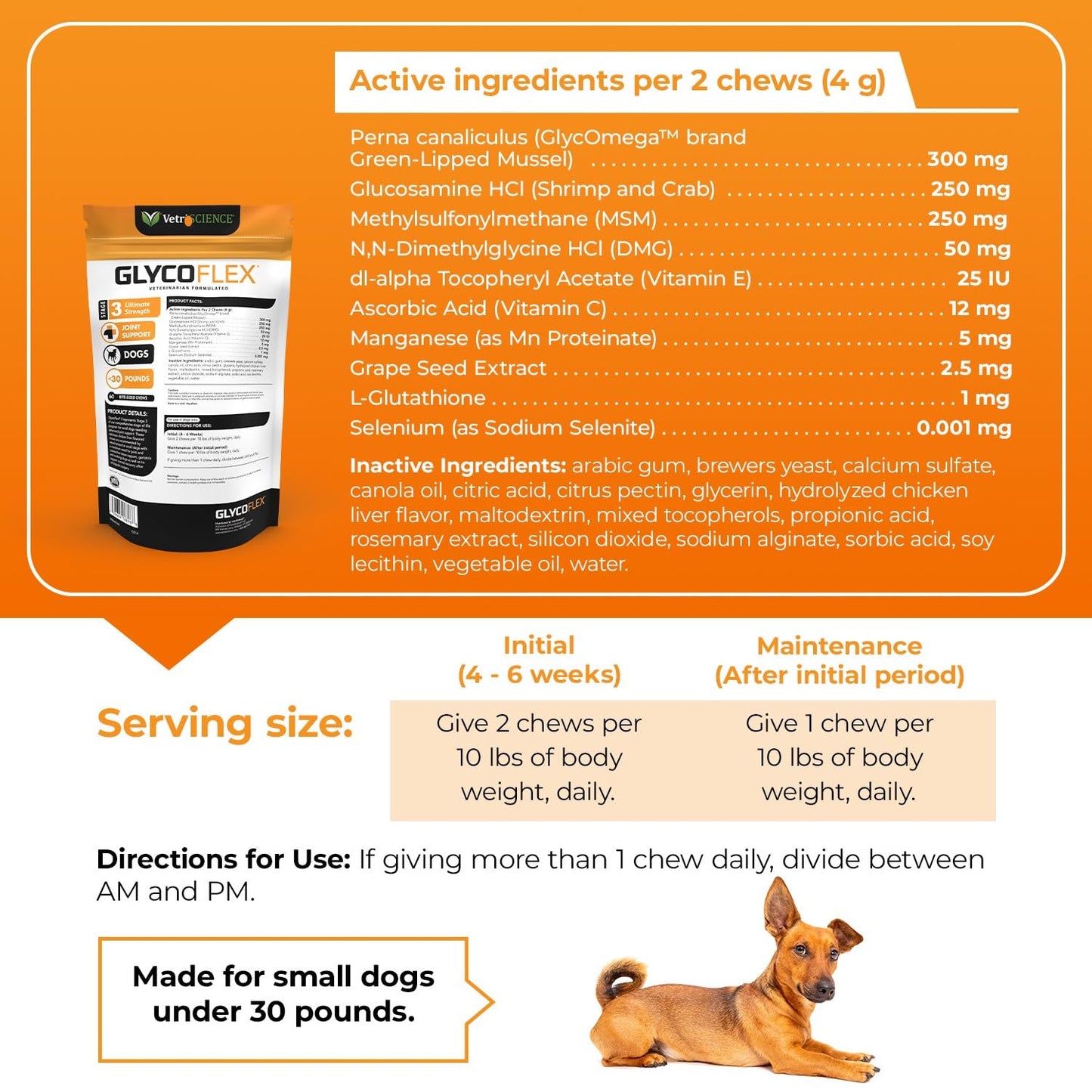 VetriScience Glycoflex 3 Clinically Proven Hip and Joint Support Supplement for Small Dogs - Maximum Strength Dog Supplement with Glucosamine, MSM, Green Lipped Mussel & DMG - 60 Chews,Chicken Flavor