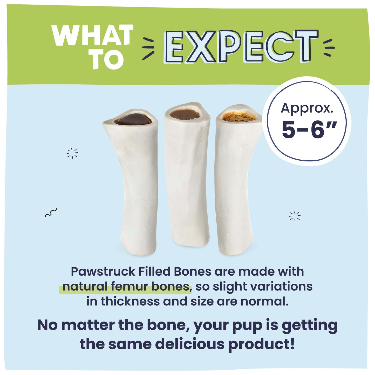 Pawstruck Large 5-6” Filled Dog Bones Variety Pack - Peanut Butter, Cheese & Bacon, Beef Flavors - Made in USA, Long Lasting Stuffed Femur Treat for Aggressive Chewers - Pack of 3, Packaging May Vary
