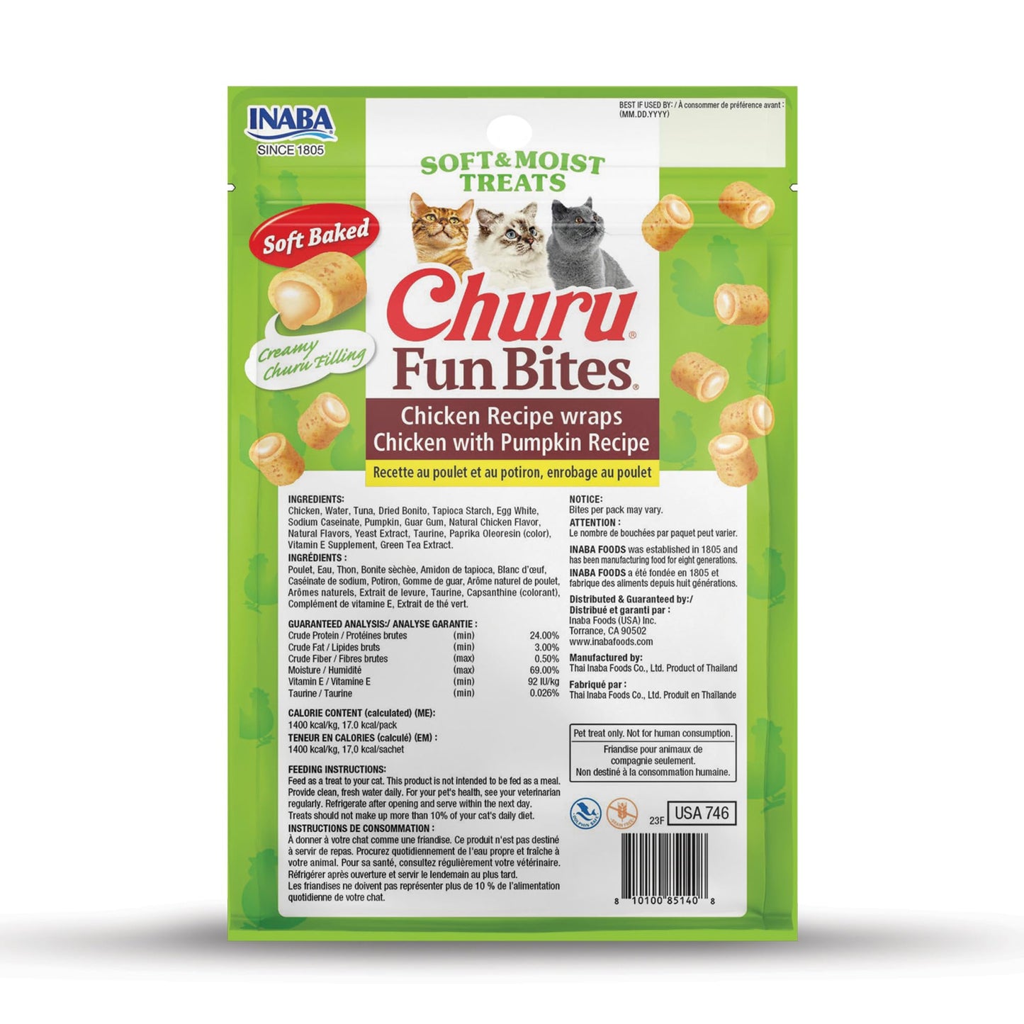 INABA Churu Fun Bites for Cats, Soft & Chewy Cat Treats with Taurine, 0.42 Ounces Each Tetra, 18 Tetras (3 per Bag), Chicken with Pumpkin Recipe