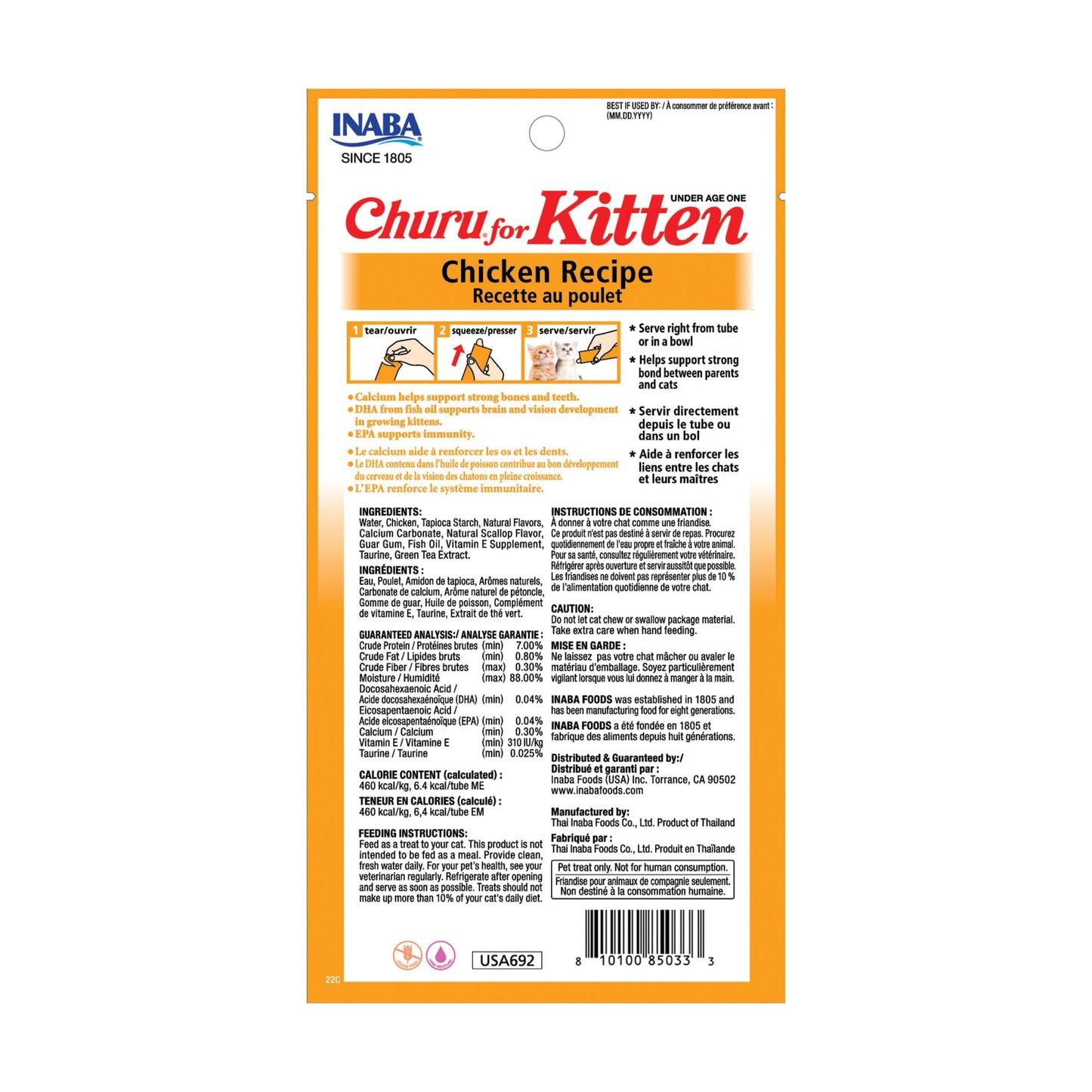 INABA Churu for Kittens, Grain-Free Creamy, Purée Lickable Cat Treats with DHA, EPA, Vitamin E & Taurine, 0.5 Ounces Each, 24 Tubes (4 per Pack), Chicken Recipe