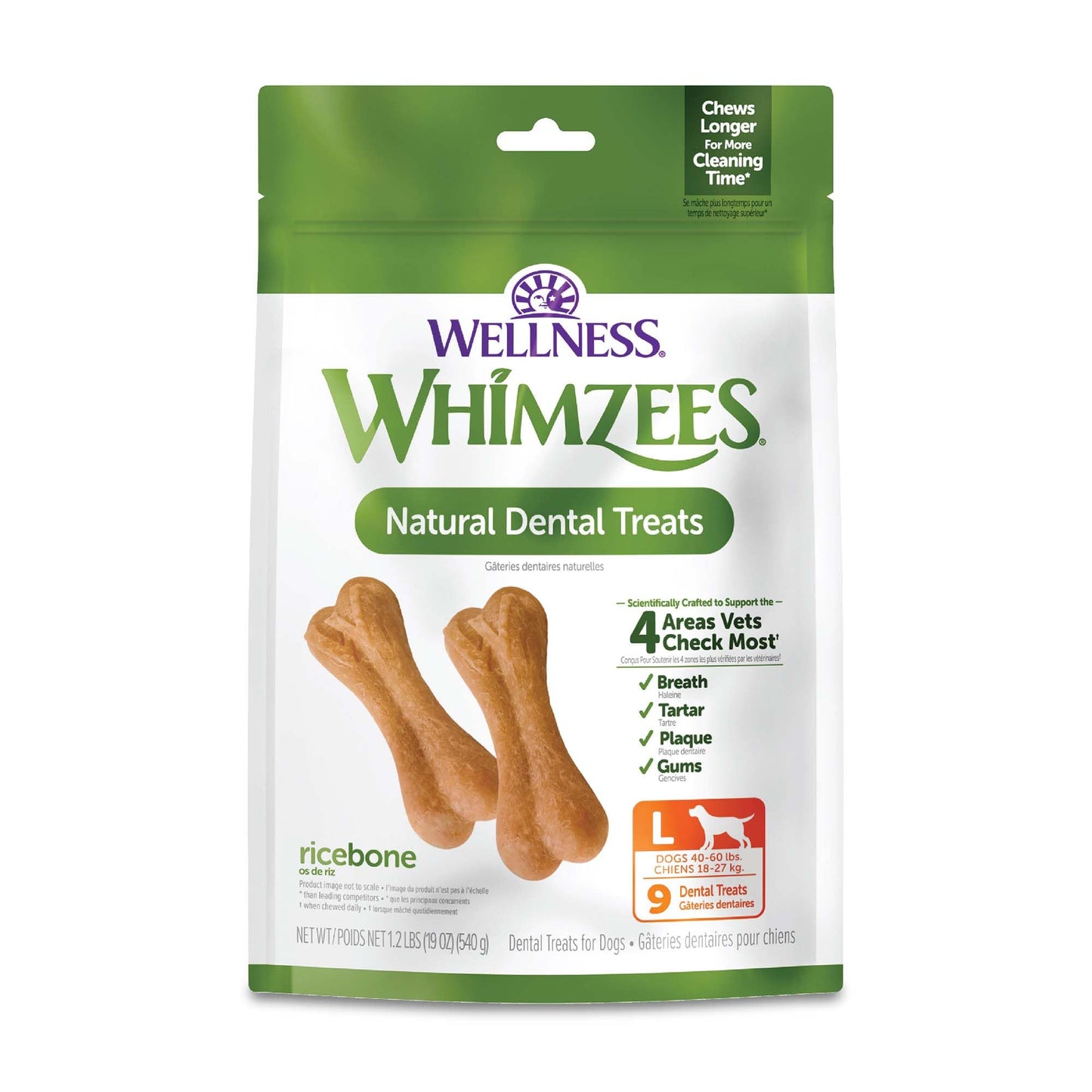 Wellness WHIMZEES Ricebone Dog Dental Treats, Natural Chews, Large Size, (9 Count)