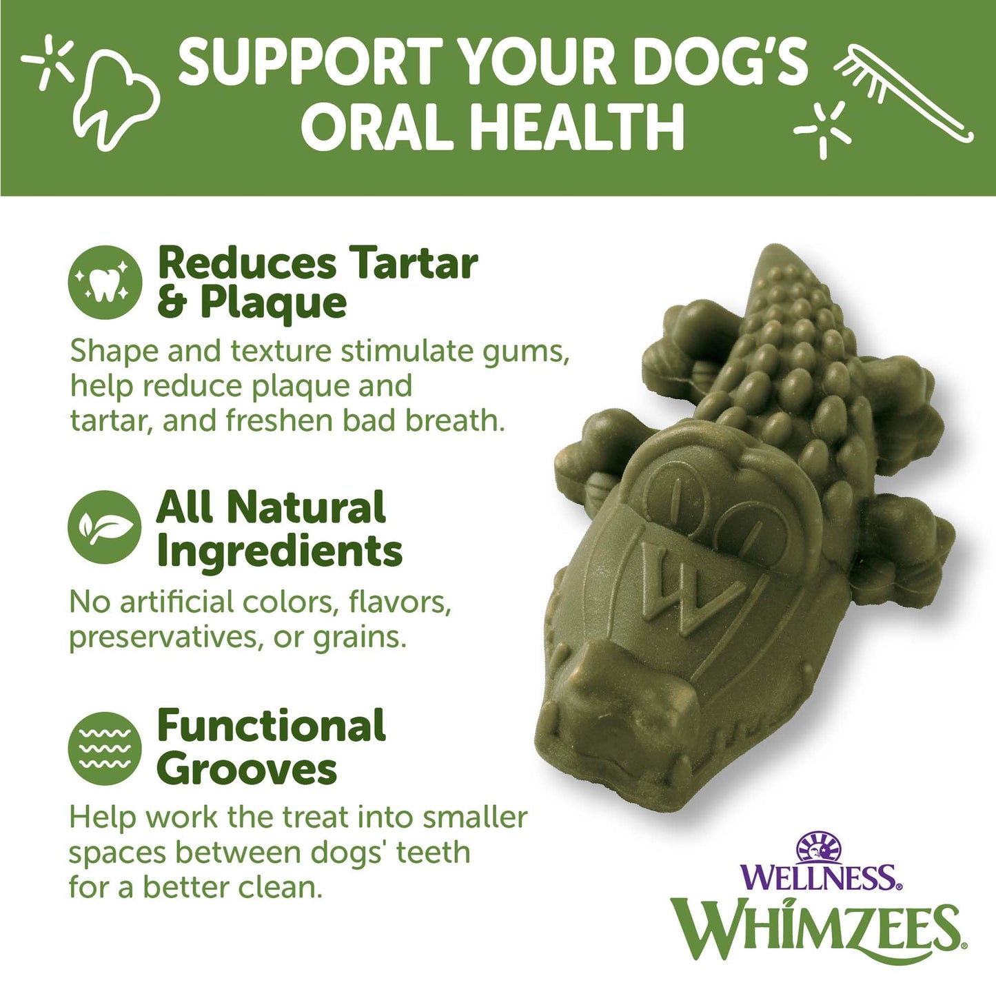 Wellness WHIMZEES Alligator Dog Dental Treats, Natural Chews, Small Size, (24 Count)