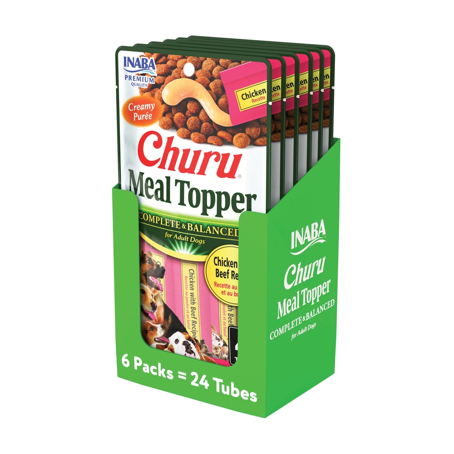 INABA Churu Meal Topper for Dogs, Complete & Balance, Creamy, Lickable Purée Dog Food Topper, 0.5 Ounce Tube, 24 Tubes (4 per Pack), Chicken with Beef Recipe