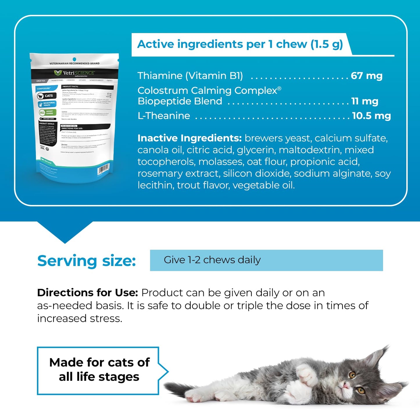 VetriScience Calm & Confident Chews, Composure Calming and Anxiety Supplement for Cats, Reduce Stress and Fear, Ideal for Travel, Vet, Grooming and Routine Changes, Trout, 30 Count